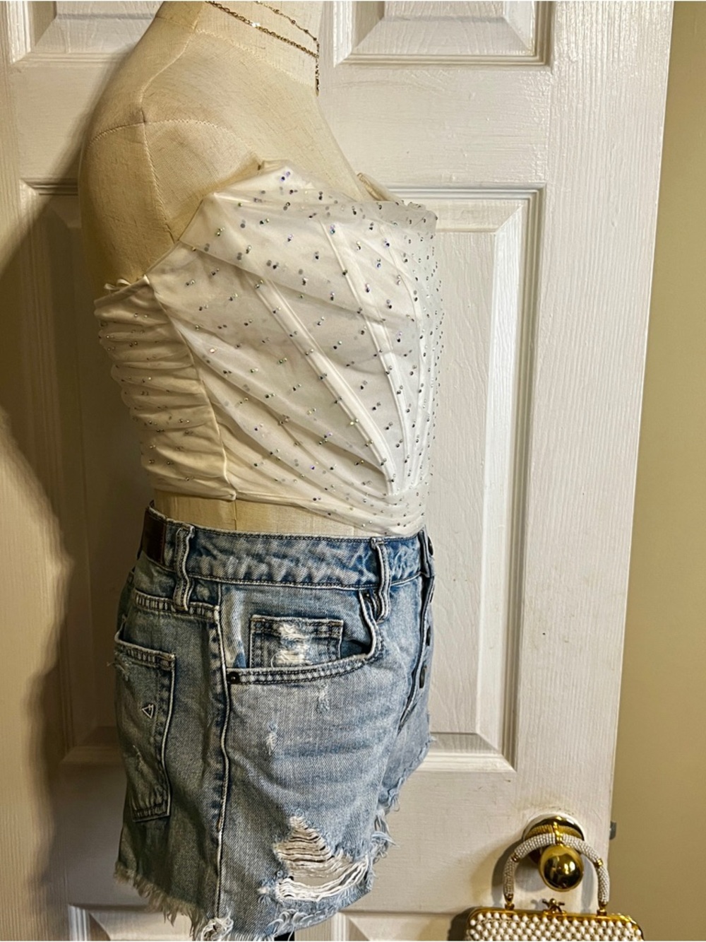 New Fashion Nova Draped‎ In Rhinestones Corset Crop Bling Glam Festival Top M - Picture 7 of 11
